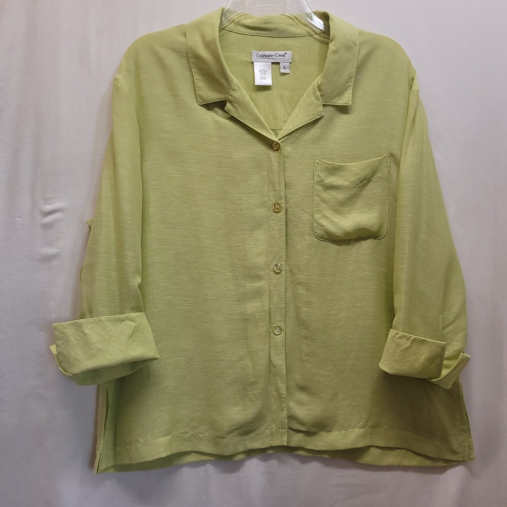 Coldwater Creek Womens Silk Linen Blend Button Down Shirt Chartreuse Green L
